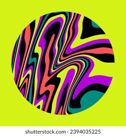 Circle with organic psychedelic pattern in acid vibrant colors. Template for a logotype in op-art contemporary style.