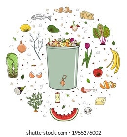 Círculo con desechos orgánicos y papelera de compost. No se desperdició comida. Reciclando desechos orgánicos, compost. Vida sustentable, concepto de basura cero. Ilustración vectorial dibujada a mano.