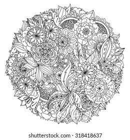 Circle orient floral black and white  ornament could be use  for coloring book  in zentangle style. 