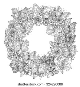 Circle orient floral frame and openwork butterflies, black and white  ornament could be use  for coloring book  in zentangle style. 