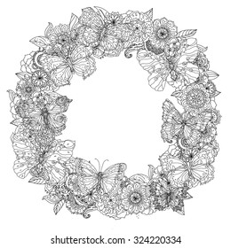 Circle orient floral frame and openwork butterflies, black and white  ornament could be use  for coloring book  in zentangle style. 