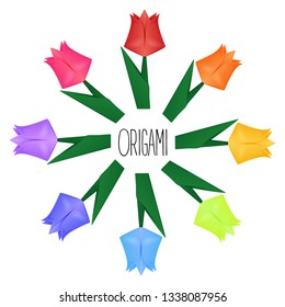 circle of origami paper flowers of rainbow colors isolated on a white background as an origamy book cover 