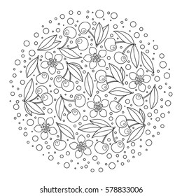 Circle ornament with artistically cherries in vector. Hand-drawn, ethnic, floral, retro, doodle, zentangle, design element. Black and white. Made by trace from sketch. Pattern for coloring book