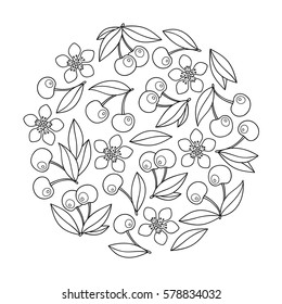 Circle ornament with artistically cherries in vector. Hand-drawn, ethnic, floral, retro, doodle, zentangle, design element. Black and white. Made by trace from sketch. Pattern for coloring book