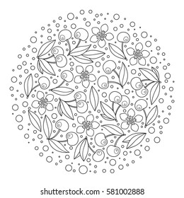 Circle ornament with artistically cherries in vector. Hand-drawn, ethnic, floral, retro, doodle, zentangle, design element. Black and white. Made by trace from sketch. Pattern for coloring book