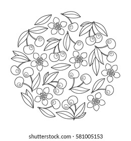 Circle ornament with artistically cherries in vector. Hand-drawn, ethnic, floral, retro, doodle, zentangle, design element. Black and white. Made by trace from sketch. Pattern for coloring book
