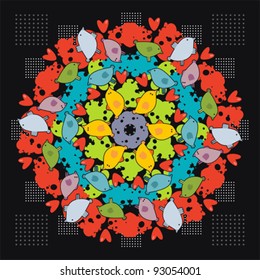 Circle ornament with birds and spots. Vector decorative illustration.