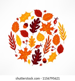 Circle ornament with briar, berries, acorns, maple and oak leaves. Perfect for autumn greeting cards, holiday invitations