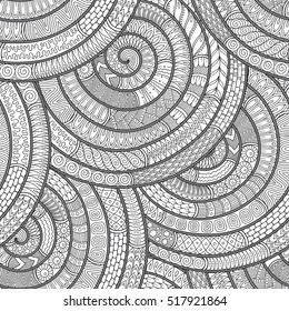 Circle ornament. Hand drawn art mandala. Pattern for coloring book with   abstract figures. Ethnic, floral, retro, doodle, vector, tribal design element. Black and white background.