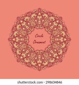 Circle ornament from handmade doodle flowers or frame on pink background 