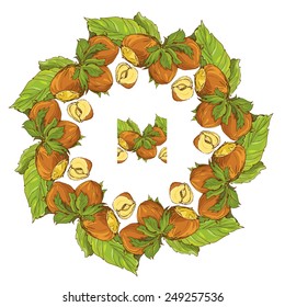 Circle ornament with highly detailed hand drawn hazelnuts isolated on white background. Pattern endless fragment. 