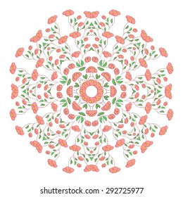 Circle ornament, ornamental round lace with poppy flowers.For wedding card design.