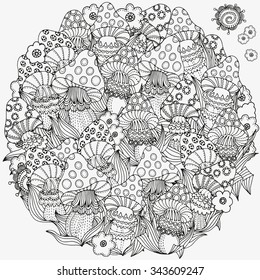 Ornamento del círculo. Patrón para el libro de coloreado en el vector. Fantásticas setas de hadas en el bosque mágico.  Setas, flores, mandala.Patrón blanco y negro.  Hecho por traza de sketch. Zentangle.