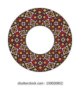 Circle ornament. Round frame, rosette of Slavonic embroidery. Ukrainian national antique round pattern, vector.