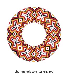Circle ornament. Round frame, rosette of Slavonic embroidery. Ukrainian national antique round pattern, vector.