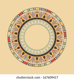 Circle ornament. Round frame, rosette of ancient elements. Egyptian national antique round pattern, vector.