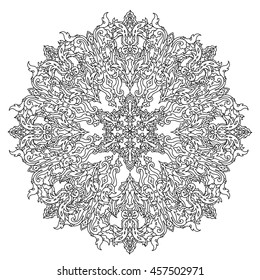 Circle ornament of snowflakes in shape of mandala for adult coloring book or for zen anti stress drawing. Hand-drawn, vector, outline detailed mandala, for coloring book, t-shirt poster or design