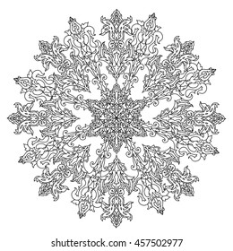 Circle ornament of snowflakes in shape of mandala for adult coloring book or for zen anti stress drawing. Hand-drawn, vector, outline detailed mandala, for coloring book, t-shirt poster or design