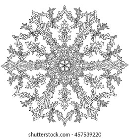 Circle ornament of snowflakes in shape of mandala for adult coloring book or for zen anti stress drawing. Hand-drawn, vector, outline detailed mandala, for coloring book, t-shirt poster or design