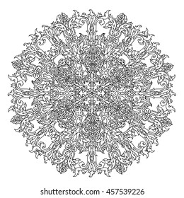 Circle ornament of snowflakes in shape of mandala for adult coloring book or for zen anti stress drawing. Hand-drawn, vector, outline detailed mandala, for coloring book, t-shirt poster or design
