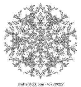 Circle ornament of snowflakes in shape of mandala for adult coloring book or for zen anti stress drawing. Hand-drawn, vector, outline detailed mandala, for coloring book, t-shirt poster or design