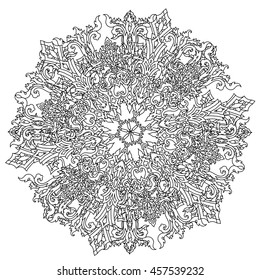 Circle ornament of snowflakes in shape of mandala for adult coloring book or for zen anti stress drawing. Hand-drawn, vector, outline detailed mandala, for coloring book, t-shirt poster or design