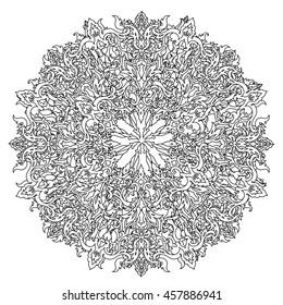 Circle ornament of snowflakes in shape of mandala for adult coloring book or for zen anti stress drawing. Hand-drawn, vector, outline detailed mandala, for coloring book, t-shirt poster or design