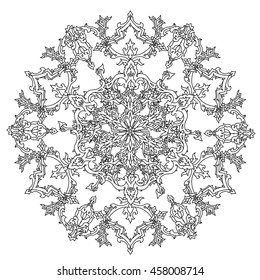 Circle ornament of snowflakes in shape of mandala for adult coloring book or for zen anti stress drawing. Hand-drawn, vector, outline detailed mandala, for coloring book, t-shirt poster or design