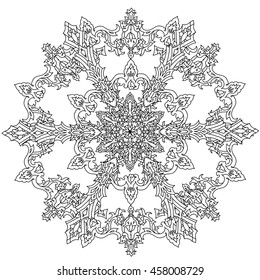 Circle ornament of snowflakes in shape of mandala for adult coloring book or for zen anti stress drawing. Hand-drawn, vector, outline detailed mandala, for coloring book, t-shirt poster or design