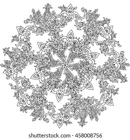 Circle ornament of snowflakes in shape of mandala for adult coloring book or for zen anti stress drawing. Hand-drawn, vector, outline detailed mandala, for coloring book, t-shirt poster or design