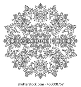 Circle ornament of snowflakes in shape of mandala for adult coloring book or for zen anti stress drawing. Hand-drawn, vector, outline detailed mandala, for coloring book, t-shirt poster or design