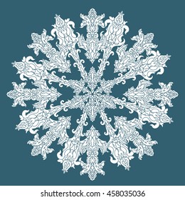 Circle ornament of snowflakes in shape of mandala in shape of a circle. Detailed vector illustration in pastel colours for company poster or cards design, t-shirt, posters. blue and white