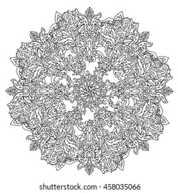 Circle ornament of snowflakes in shape of mandala for adult coloring book or for zen anti stress drawing. Hand-drawn, vector, outline detailed mandala, for coloring book, t-shirt poster or design