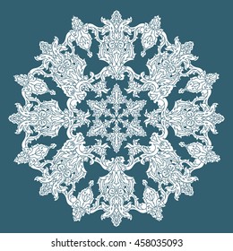 Circle ornament of snowflakes in shape of mandala in shape of a circle. Detailed vector illustration in pastel colours for company poster or cards design, t-shirt, posters. blue and white