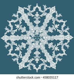 Circle ornament of snowflakes in shape of mandala in shape of a circle. Detailed vector illustration in pastel colours for company poster or cards design, t-shirt, posters. blue and white