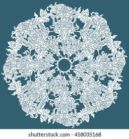 Circle ornament of snowflakes in shape of mandala in shape of a circle. Detailed vector illustration in pastel colours for company poster or cards design, t-shirt, posters. blue and white