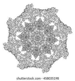 Circle ornament of snowflakes in shape of mandala for adult coloring book or for zen anti stress drawing. Hand-drawn, vector, outline detailed mandala, for coloring book, t-shirt poster or design