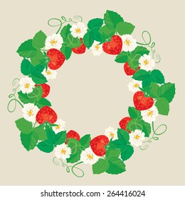 Circle ornament with Strawberries in heart shapes with flowers and leaves isolated on gray background 