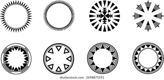 Conjunto de Vector de adorno de círculo con símbolos solares geométricos étnicos, fondo blanco, Ilustración vectorial