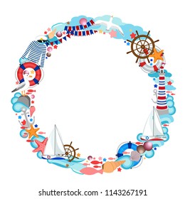 Circle ornament wreath nautical round frame, vessel, steering wheel, life buoy, clams, stars, lighthouse, vector illustration, sea  arrangement, cartoon style, for surface print, invitation, poster. 