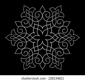 Circle ornamental geometric pattern on black background. Abstract illustration.  Mandala. 