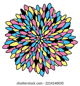 Circle With Ornate Chrysanthemum Petals In CMYK Colors Isolated On White Background. Colorful Leaves Flower Ethnic Abstract Mandala. Hand Painted Plant Round Kaleidoscope In Printed Colors