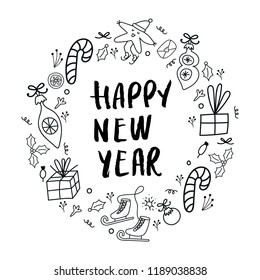 Circle outline concept with different New Year and Christmas decorations and hand drawn lettering. Vector illustration.
