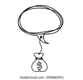 Circle, oval comment with dollar as line drawing on white background. Vector