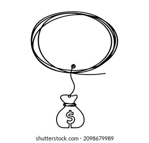 Circle, oval comment with dollar as line drawing on white background. Vector