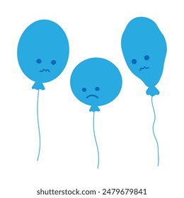 Globos ovalados, ovalados y desinflados con triste carita sonriente en estilo minimalista Blue Monday concept