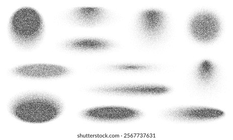 Circle and oval spray noise grain figures. Vector black white dot pattern abstract round shapes with sand texture, halftone gradient brush or dotwork shadow effects. Noise grain circle and oval shapes