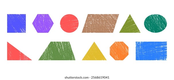 Circle, oval, square, rectangle, rhombus, parallelepiped, triangle drawn by hand with colored pencil by child. Vector illustration of geometric shapes for educational material and teaching aid.