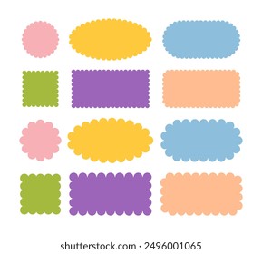 Circle, oval, square and rectangle shapes with scallop edges. Multicolor set of geometric shapes with wavy borders.