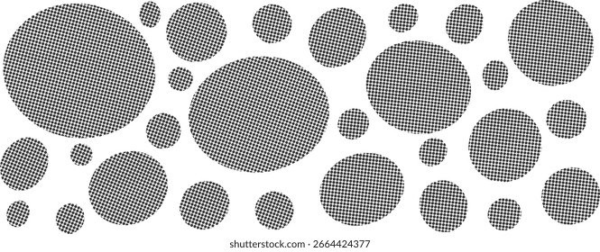 Círculo y óvalos forman un conjunto de semitonos. Formas negras hechas a mano de lunares. Bolas texturizadas. Ilustración de colección de figuras redondas dibujadas a mano de Vector aisladas sobre fondo blanco.